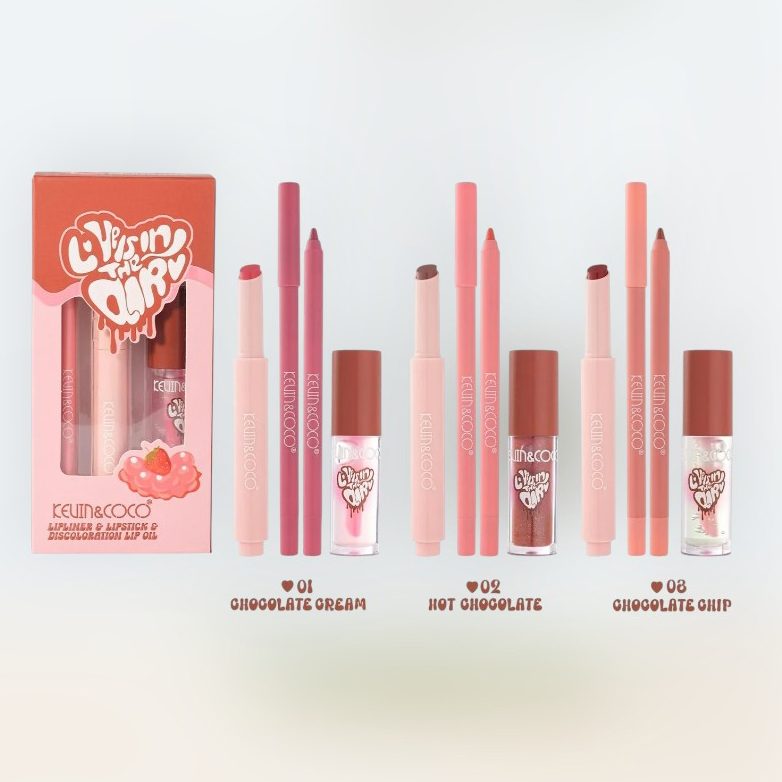 Set pentru Buze Kevin&Coco Love Is In The Air, Flippy, Ruj 2.5g, Creion Contur 1.5g, Luciu de Buze 2.8g, Efect Hidratant & Volum, Nuanta 01 Chocolate Cream