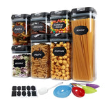 Set Cutii de Depozitare a Alimentelor, Vivimall, 7 Recipiente, 10 Etichete Reutilizabile, 4 Linguri, pentru Bucatarie, Spatula, Etansare, Fara BPA, Transparente, Capac Negru - vivimall.ro