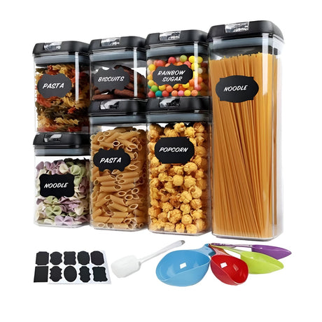Set Cutii de Depozitare a Alimentelor, Vivimall, 7 Recipiente, 10 Etichete Reutilizabile, 4 Linguri, pentru Bucatarie, Spatula, Etansare, Fara BPA, Transparente, Capac Negru - vivimall.ro