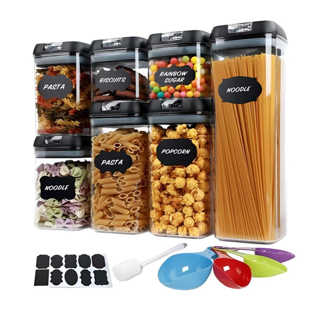 Set Cutii de Depozitare a Alimentelor, Vivimall, 7 Recipiente, 10 Etichete Reutilizabile, 4 Linguri, pentru Bucatarie, Spatula, Etansare, Fara BPA, Transparente, Capac Negru - vivimall.ro