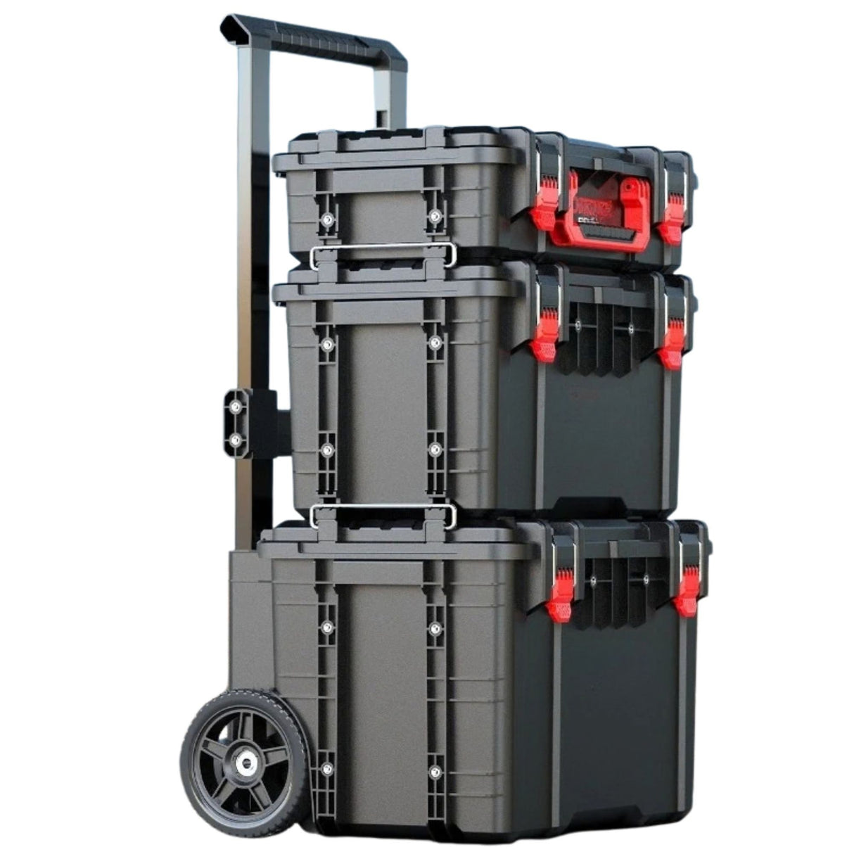 Set cutii scule Flippy 3 piese modular pe roți, vedere frontală ansamblu, negru, 56×47,5×65 cm