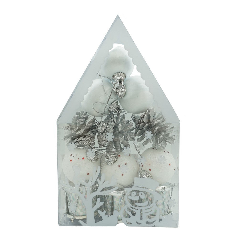 Set de 12 ornamente de brad, Vivimall, de tip Glob, Alb/ Argintiu, din polistiren, cu finisaj sclipitor , cutie  4  cm adancime x 20  cm inaltime x 12  cm lungime) - vivimall.ro