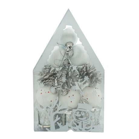 Set de 12 ornamente de brad, Vivimall, de tip Glob, Alb/ Argintiu, din polistiren, cu finisaj sclipitor , cutie  4  cm adancime x 20  cm inaltime x 12  cm lungime) - vivimall.ro