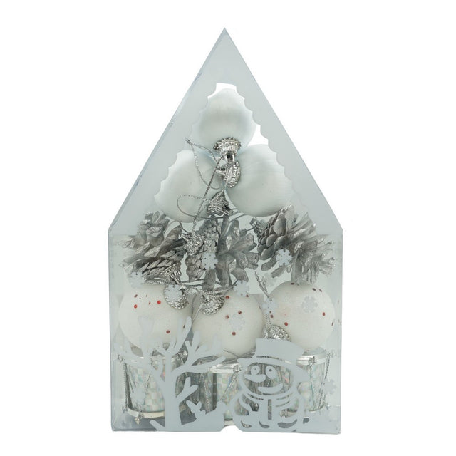 Set de 12 ornamente de brad, Vivimall, de tip Glob, Alb/ Argintiu, din polistiren, cu finisaj sclipitor , cutie  4  cm adancime x 20  cm inaltime x 12  cm lungime) - vivimall.ro