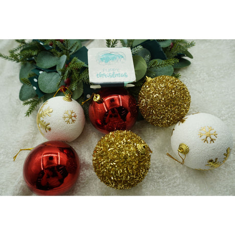 Set de 12 ornamente de brad, Vivimall, de tip Glob, Alb/ Rosu, din polistiren, cu finisaj sclipitor , cutie  8  cm adancime x 32  cm lungime x 24  cm inaltime - vivimall.ro