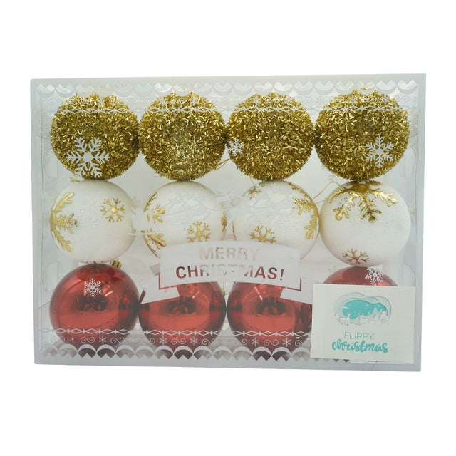 Set de 12 ornamente de brad, Vivimall, de tip Glob, Alb/ Rosu, din polistiren, cu finisaj sclipitor , cutie  8  cm adancime x 32  cm lungime x 24  cm inaltime - vivimall.ro