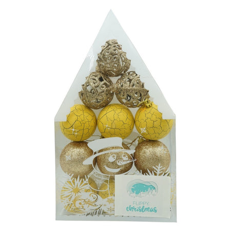 Set de 12 ornamente de brad, Vivimall, de tip Glob, Auriu/ Galben, din plastic, cu finisaj sclipitor , cutie  6  cm adancime x 30  cm inaltime x 18  cm lungime) - vivimall.ro