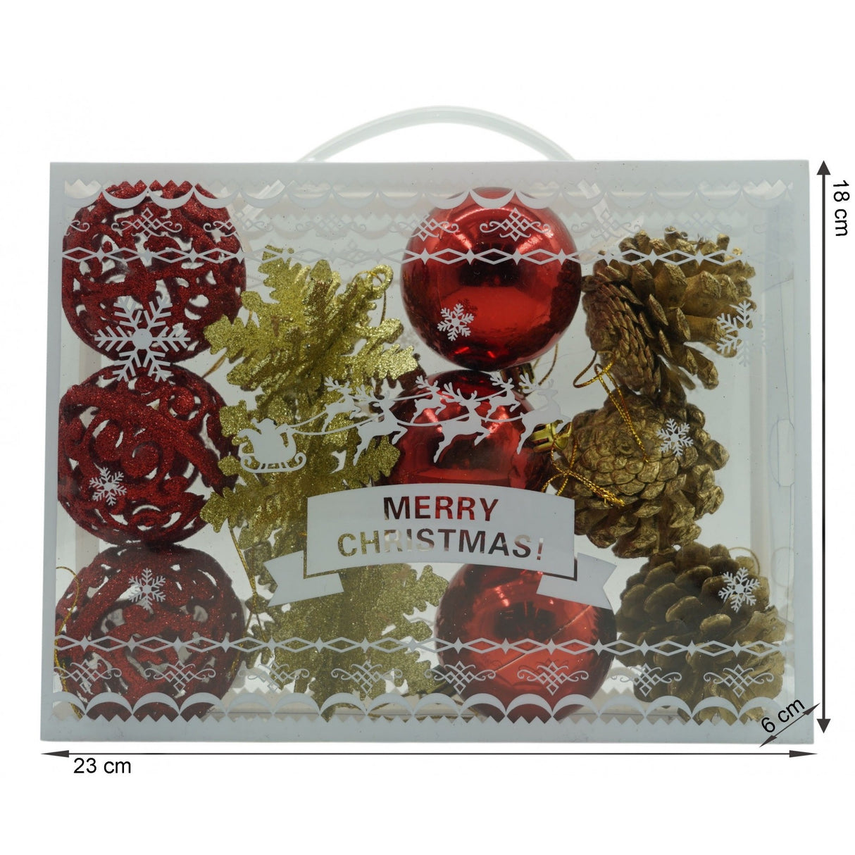 Set de 12 ornamente de brad, Vivimall, de tip Glob, Rosu/ Auriu, din plastic, cu finisaj sclipitor , cutie  6  cm adancime x 23  cm lungime x 18  cm inaltime - vivimall.ro