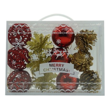 Set de 12 ornamente de brad, Vivimall, de tip Glob, Rosu/ Auriu, din plastic, cu finisaj sclipitor , cutie  6  cm adancime x 23  cm lungime x 18  cm inaltime - vivimall.ro