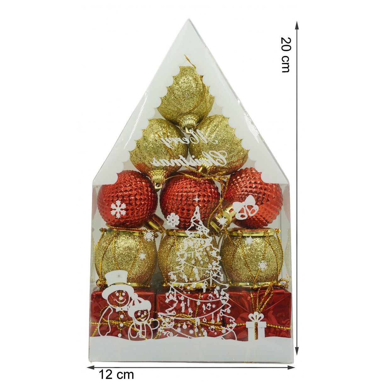 Set de 12 ornamente de brad, Vivimall, de tip Glob, Rosu/ Auriu, din polistiren, cu finisaj sclipitor , cutie  4  cm adancime x 20  cm inaltime x 12  cm lungime) - vivimall.ro