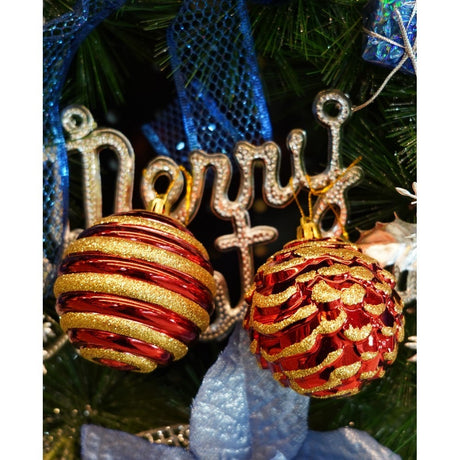 Set de 24 ornamente de brad, Vivimall, de tip Glob, Alb/ Rosu, cu ø de 7 cm, din plastic, cu finisaj sclipitor , cutie  16  cm lungime x 36  cm inaltime x 16  cm adancime, Resigilat - vivimall.ro