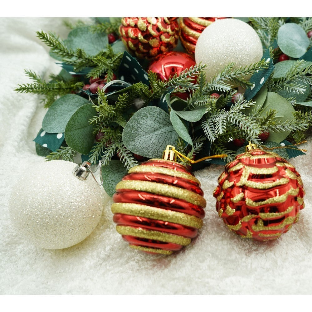 Set de 24 ornamente de brad, Vivimall, de tip Glob, Alb/ Rosu, cu ø de 7 cm, din plastic, cu finisaj sclipitor , cutie  16  cm lungime x 36  cm inaltime x 16  cm adancime, Resigilat - vivimall.ro