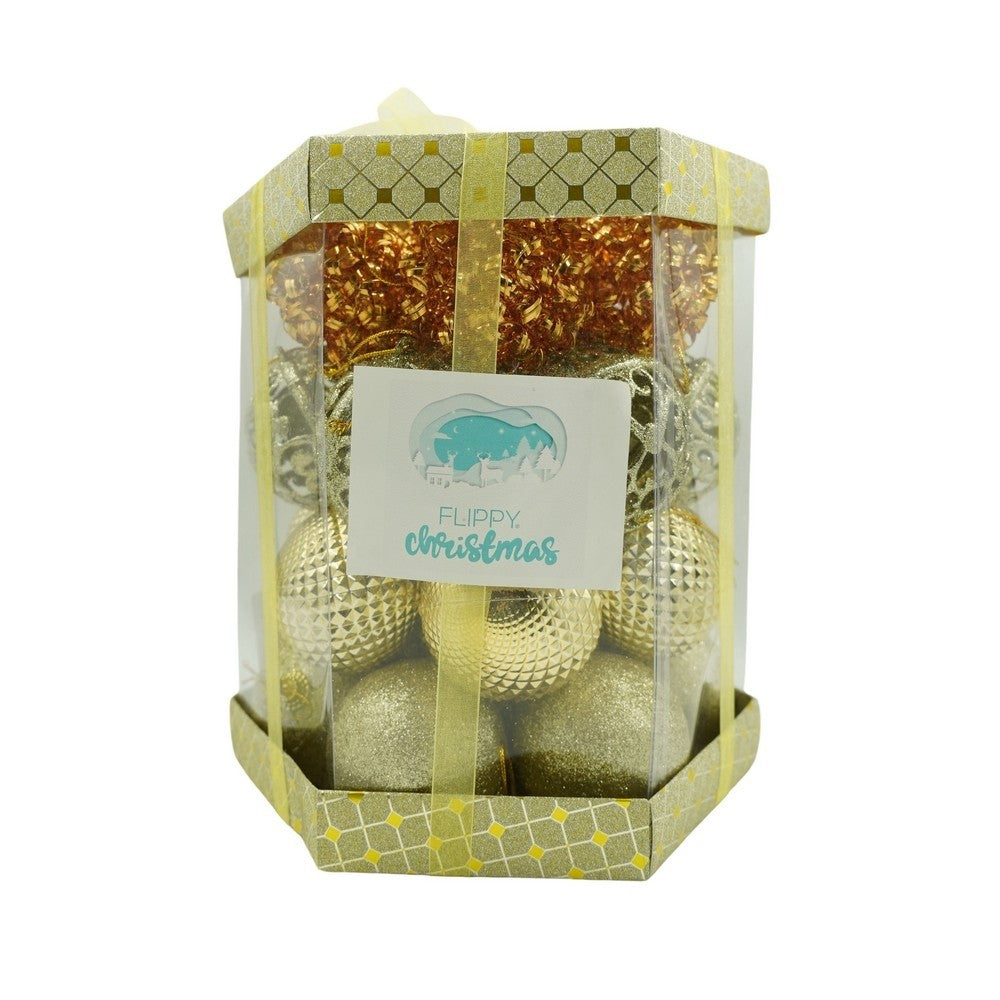 Set de 28 ornamente de brad, Vivimall, de tip Glob, Cupru/ Auriu, din polistiren, cu finisaj sclipitor , cutie  18  cm adancime x 22  cm inaltime x 18  cm lungime) - vivimall.ro