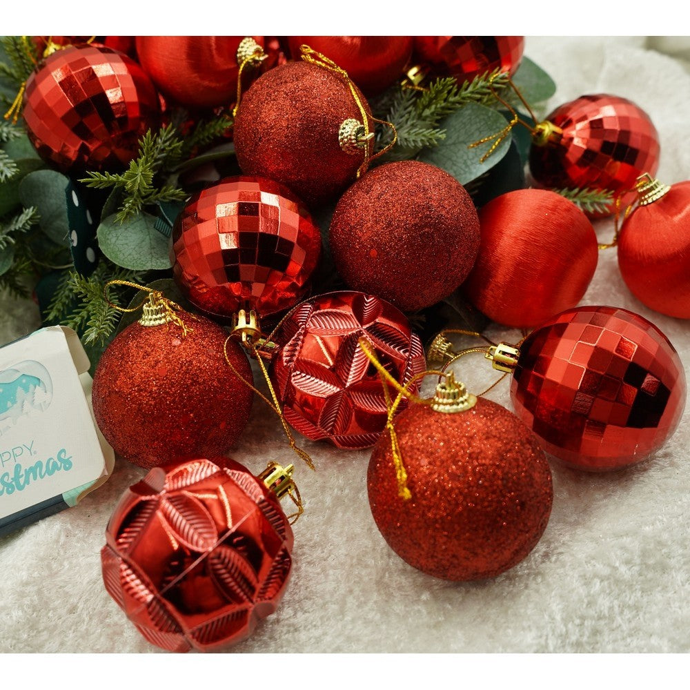 Set de 28 ornamente de brad, Vivimall, de tip Glob, Rosu, din polistiren, cu finisaj sclipitor , cutie  18  cm adancime x 22  cm inaltime x 18  cm lungime) - vivimall.ro