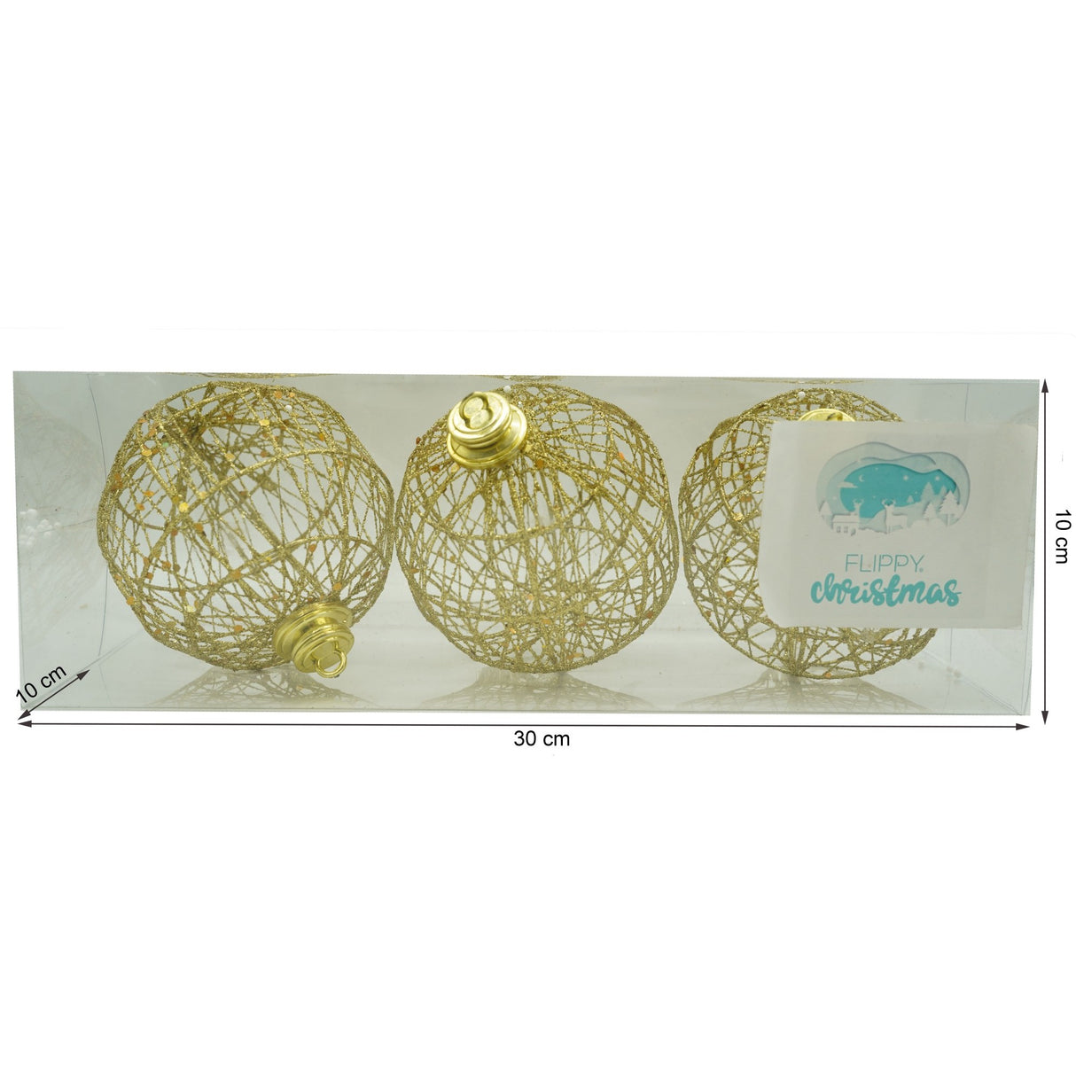 Set de 3 ornamente de brad, Vivimall, de tip Glob, Auriu, cu ø de 10 cm, din metal, cu finisaj sclipitor , cutie  10  cm adancime x 30  cm lungime x 10  cm inaltime - vivimall.ro