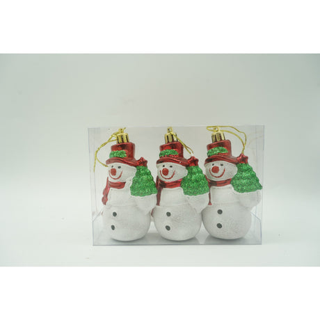 Set de 3 ornamente de brad, Vivimall, de tip Om de zapada, Alb/Rosu, din plastic, cu finisaj sclipitor , cutie  4  cm adancime x 6  cm inaltime x 9  cm lungime - vivimall.ro