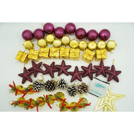 Set de 50 ornamente de brad, Vivimall, de tip Glob, Rosu/ Auriu, din plastic, cu finisaj sclipitor , cutie  18  cm lungime x 12  cm adancime x 18  cm inaltime - vivimall.ro