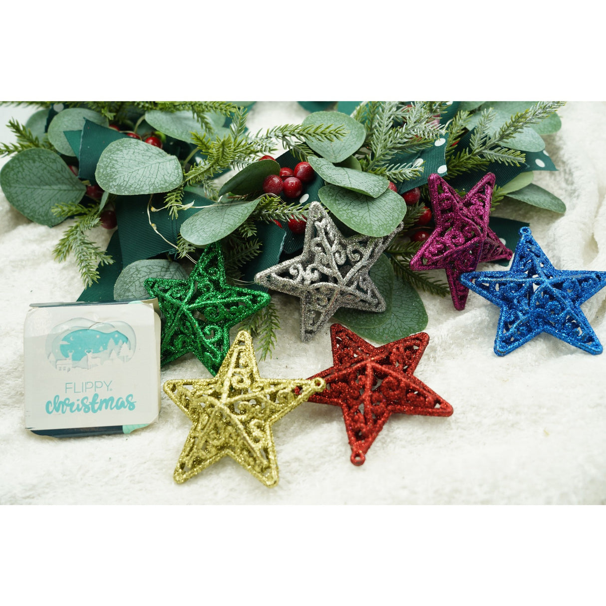 Set de 6 ornamente de brad, Vivimall, de tip Stea, Multicolor, din plastic, cu finisaj sclipitor , cutie  3  cm adancime x 31  cm lungime x 9  cm inaltime - vivimall.ro