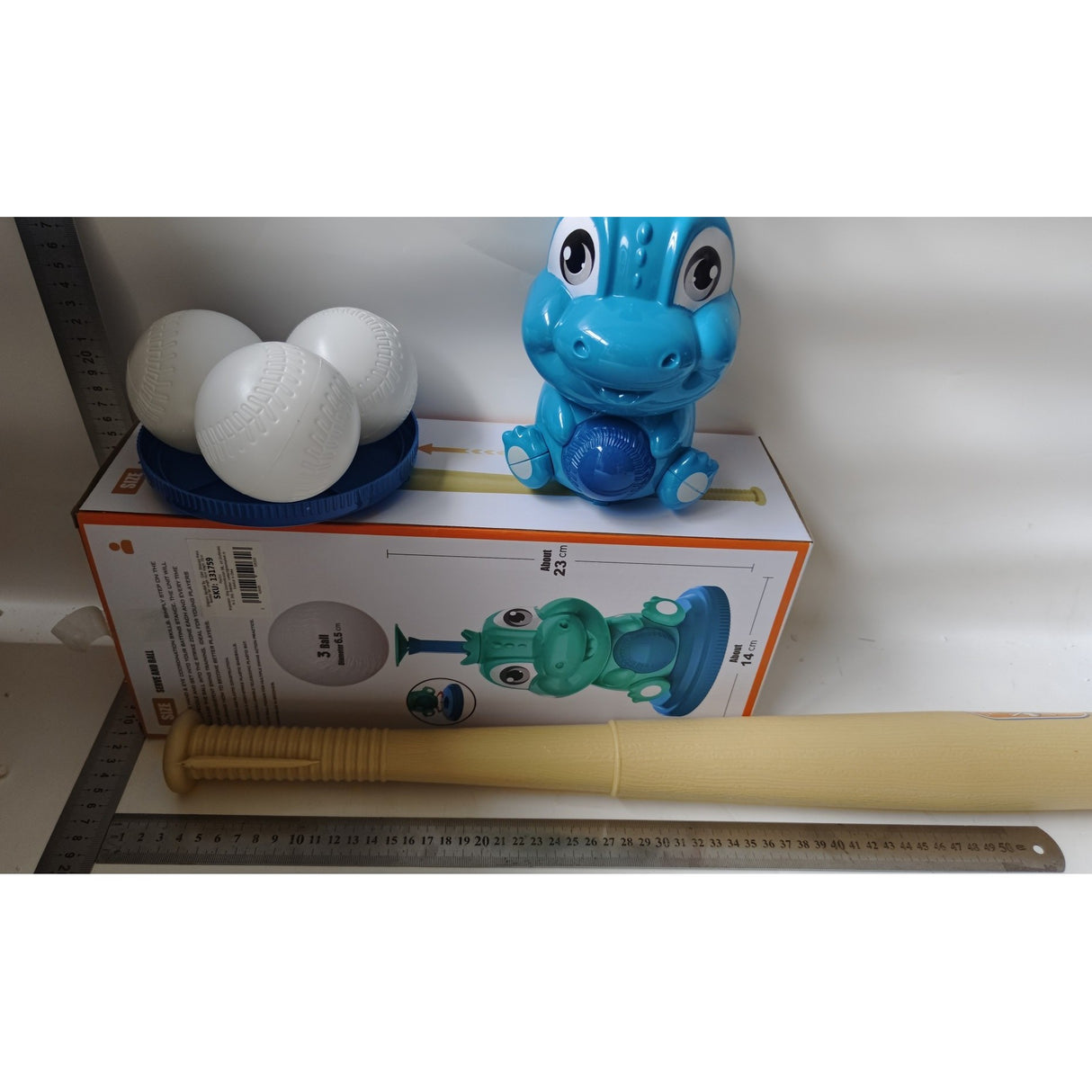 Set de Baseball 5 Piese pentru Copii, Vivimall, Jucarie Dinosaur Press, 14x23 cm, Verde/Albastru - vivimall.ro