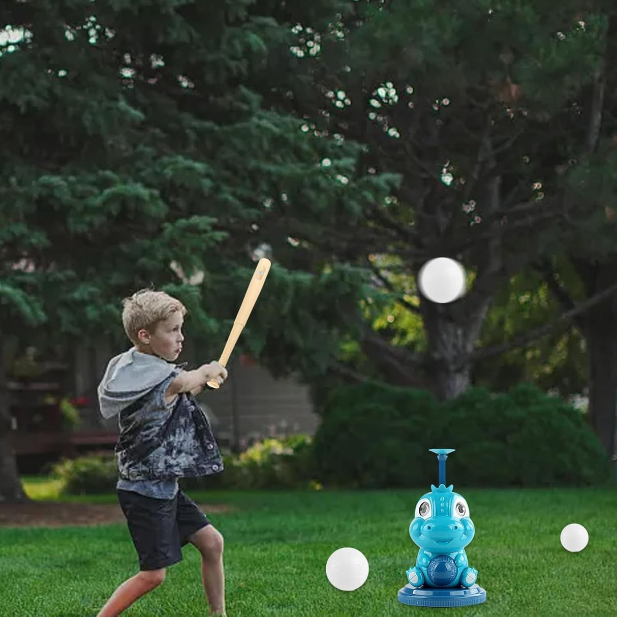 Set de Baseball 5 Piese pentru Copii, Vivimall, Jucarie Dinosaur Press, 14x23 cm, Verde/Albastru - vivimall.ro