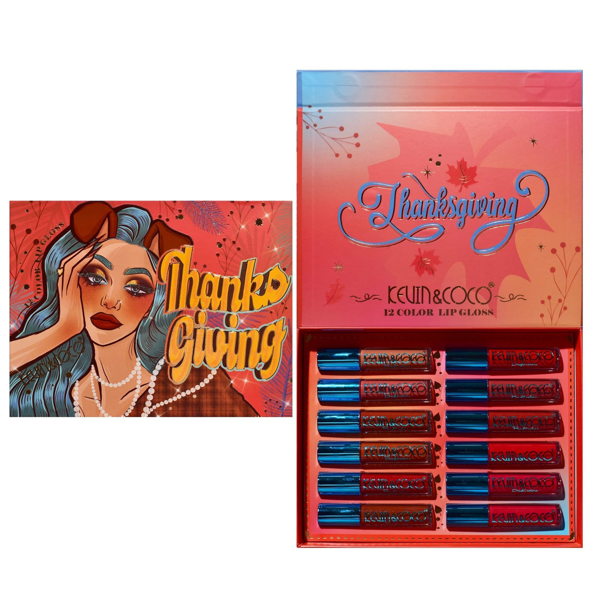 Set de Buze, KEVIN & COCO, Caramel Pie, 12 Lip Gloss-uri, 24 x 18.5 x 3.4 cm, Multicolor - vivimall.ro