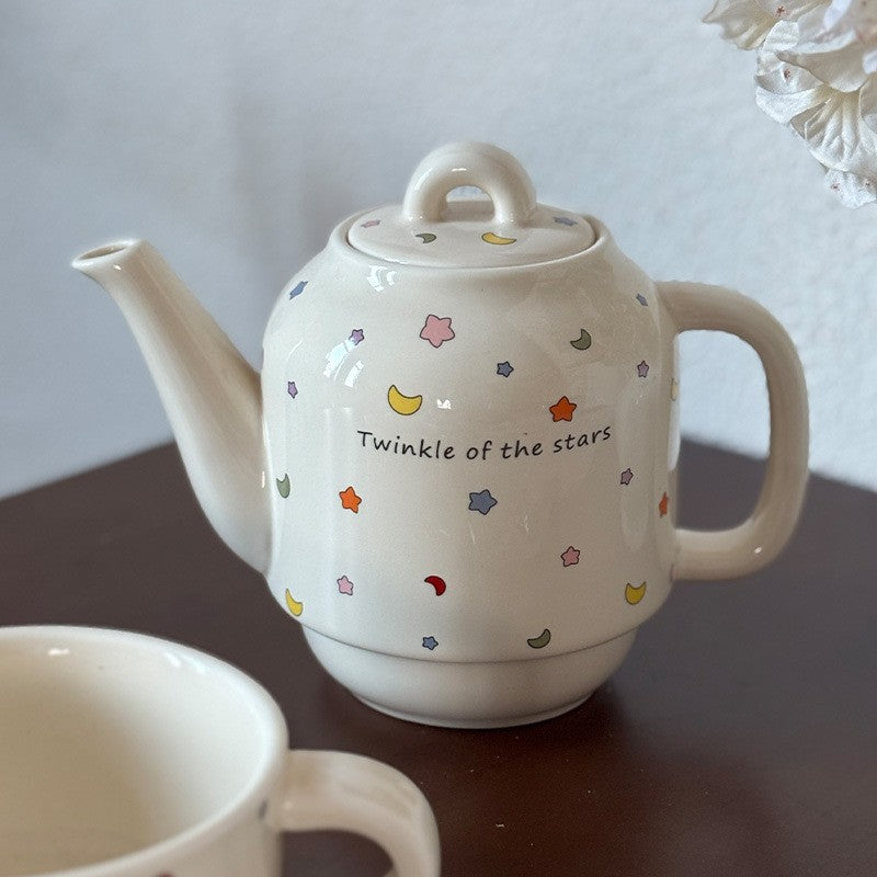 Set de Ceai, Vivimall, Ceainic cu Ceasca pentru Uz Casnic, Stele cu Luna, Set de Ceai pentru Copii, Adulti, 18 x 17 x 13 cm, Alb Crem - vivimall.ro