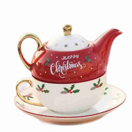 Set de Ceai, Vivimall, Tema Craciun, Ceainic 420 ml, Cana 310 ml, din Portelan, Model Happy Christmas, Rosu, Resigilat - vivimall.ro
