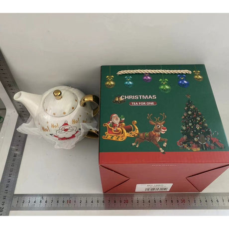 Set de Ceai, Vivimall, Tema Craciun, Ceainic 420 ml, Cana 310 ml, Farfurie, din Portelan, Model Mos Craciun, Alb - vivimall.ro