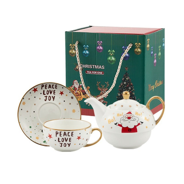 Set de Ceai, Vivimall, Tema Craciun, Ceainic 420 ml, Cana 310 ml, Farfurie, din Portelan, Model Mos Craciun, Alb - vivimall.ro