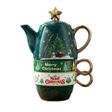 Set de Ceai, Flippy, Tema Craciun, Ceainic 450 ml, 2 x Cani 250 ml, din Ceramica, Model Brad, Verde/Turcoaz - vivimall.ro