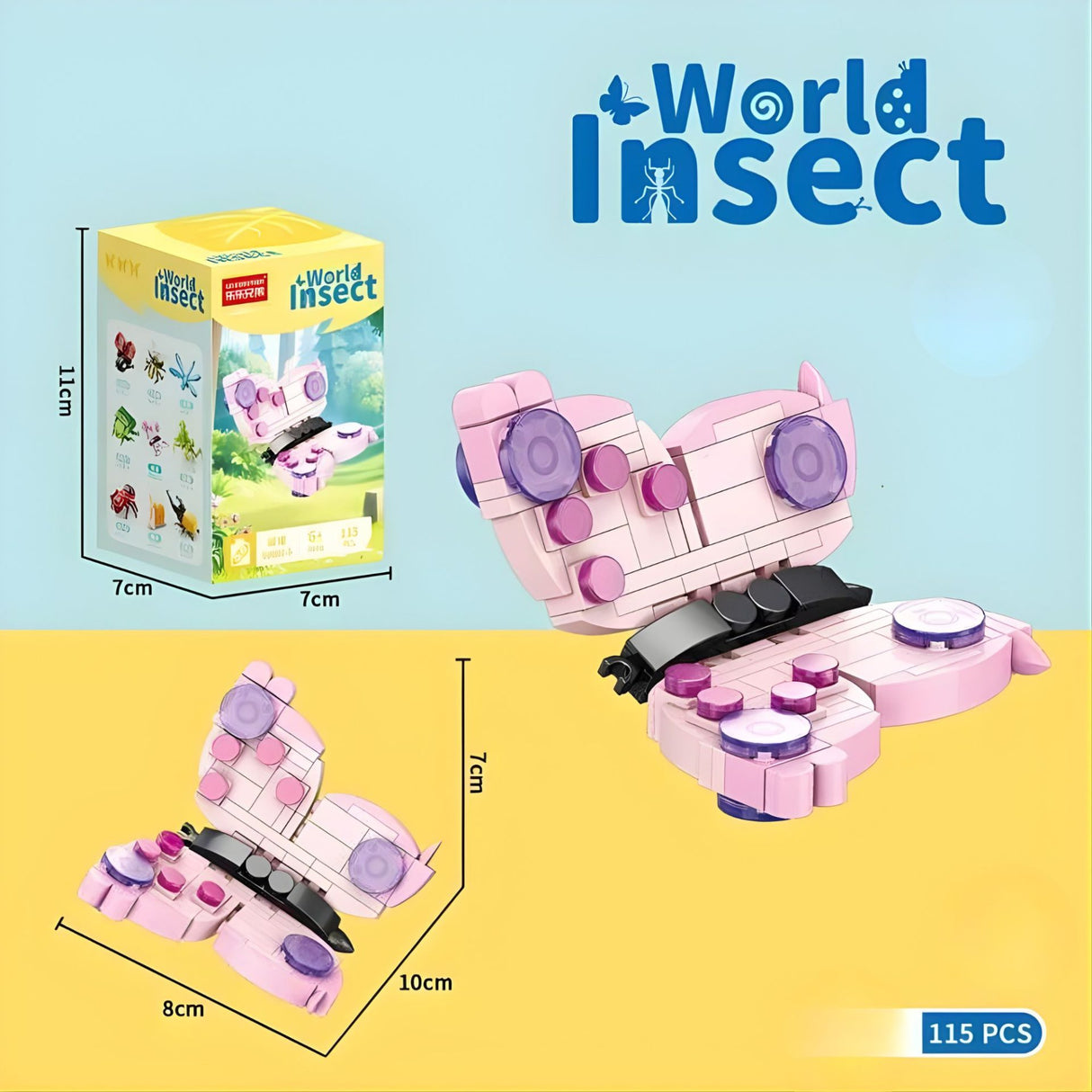 Set de Constructie, Flippy, Model Fluture, Lumea Insectelor Mini, 115 Piese, Model 3D, Jucarie Educativa STEM, +6 Ani, Plastic ABS, 11 x 7 x 7 cm, Roz - vivimall.ro