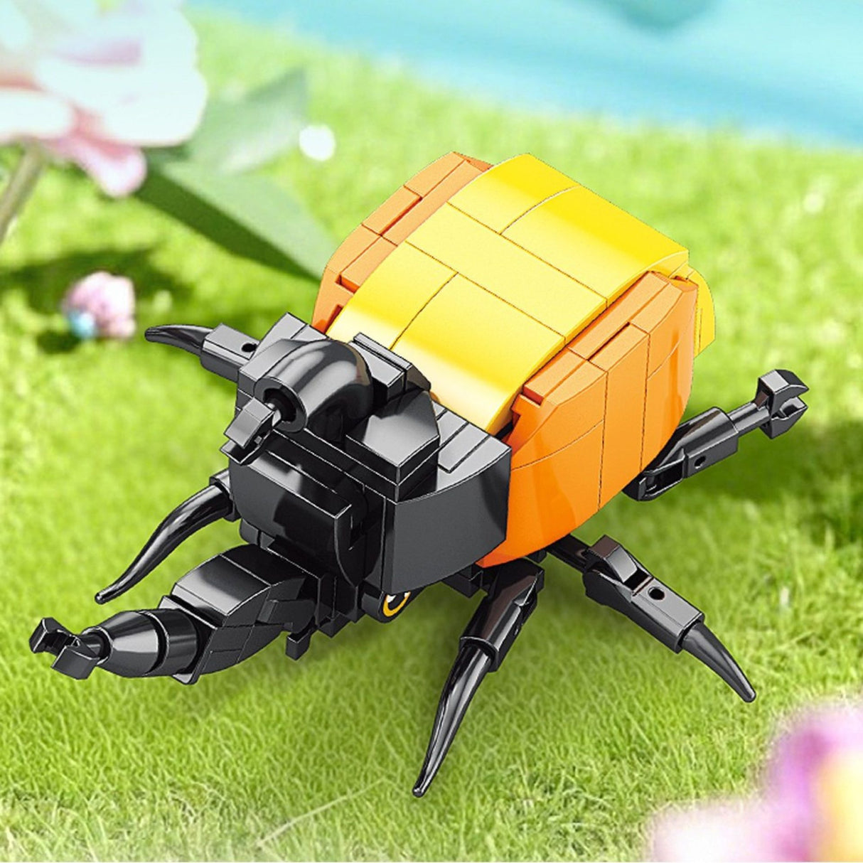 Set de Constructie, Flippy, Model Gandacul Rinocer, Lumea Insectelor Mini, 98 Piese, Model 3D, Jucarie Educativa STEM, +6 Ani, Plastic ABS, 11 x 7 x 7 cm, Negru/Portocaliu - vivimall.ro