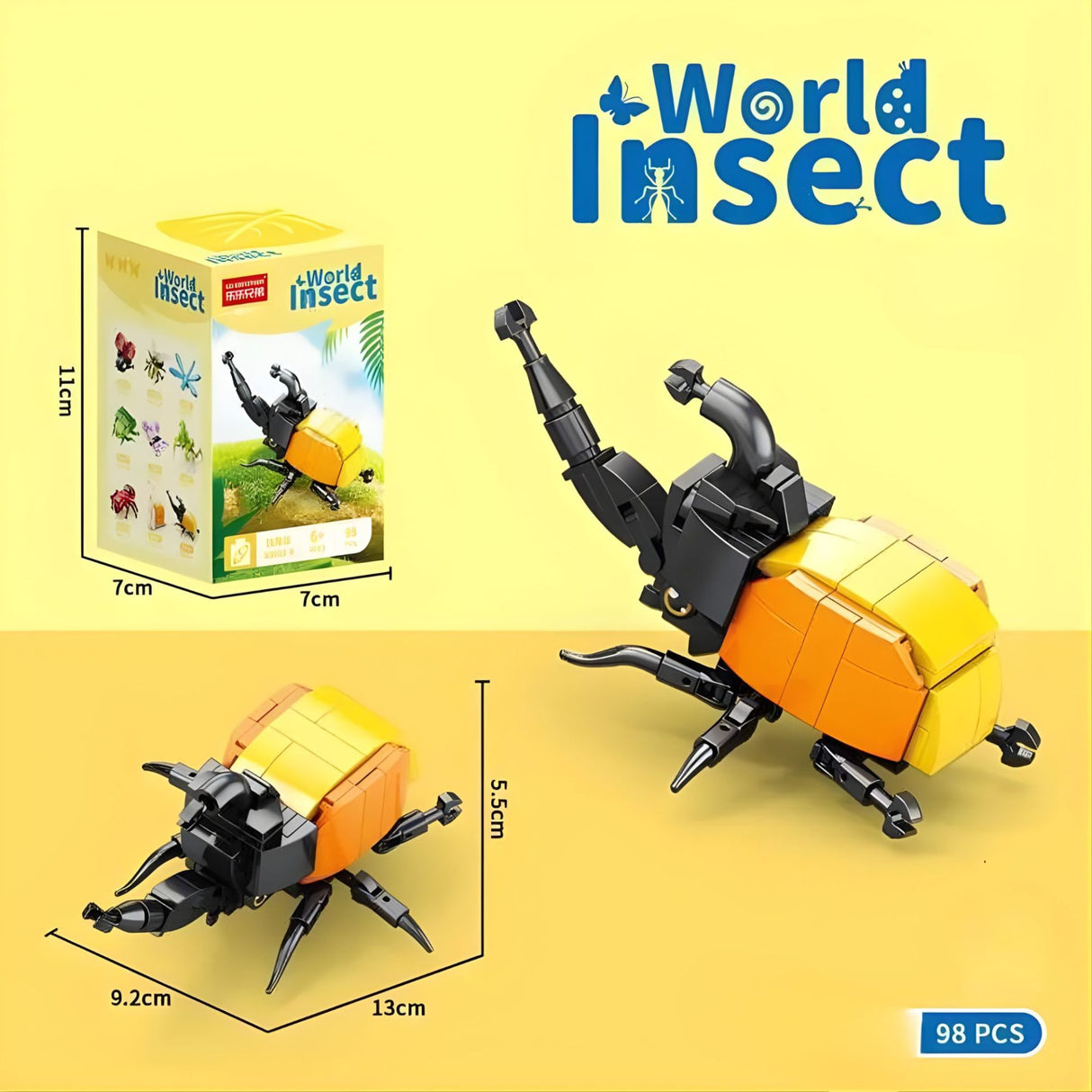 Set de Constructie, Flippy, Model Gandacul Rinocer, Lumea Insectelor Mini, 98 Piese, Model 3D, Jucarie Educativa STEM, +6 Ani, Plastic ABS, 11 x 7 x 7 cm, Negru/Portocaliu - vivimall.ro