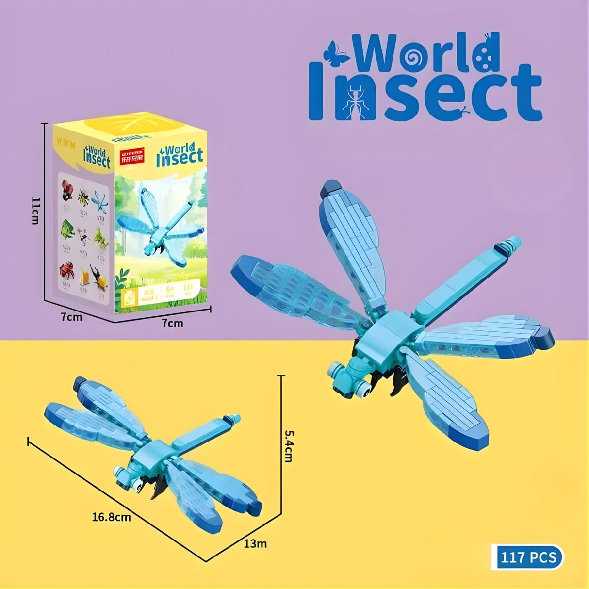 Set de Constructie, Flippy, Model Libelula, Lumea Insectelor Mini, 117 Piese, Model 3D, Jucarie Educativa STEM, +6 Ani, Plastic ABS, 11 x 7 x 7 cm, Albastru - vivimall.ro