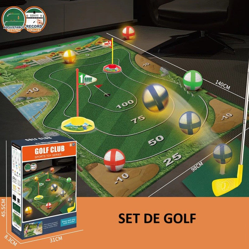 Set de Golf, Vivimall, Interactiune Parinte-Copil, Covor de Golf, 140 x 98 cm, 4 Mingii cu Scai, 3 Crose Reglabile, Model A, +3 Ani, Multicolor - vivimall.ro