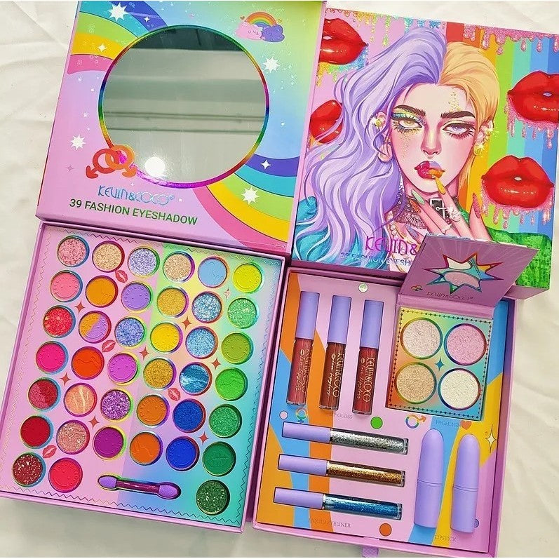 Set de Machiaj, Kevin & Coco, 39 de Culori, pigmentate, Fard de ochi, Ruj, Gloss, Tus, Fard Obraz, Curcubeu - vivimall.ro