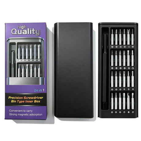Set de Surubelnite 24-in-1 cu Clichet, Flippy, Set de Uz Casnic pentru Repararea Electronicelor Mici, Maner durabil Negru, 26.5 x 15 x 1.5 cm, Negru
