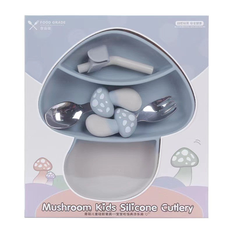 Set Diversificare Bebelusi Din Silicon, 1 Farfurie Compartimentata In Formade Ciuperca, Lingurita Si Furculita, Pai, Perie Pai, Fara Alergeni, Ventuza Fixare, Forma Creativa