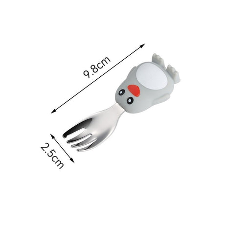 Set diversificare bebelusi Vivimall, din silicon, 23.5 x 12.5 cm, 1 farfurie compartimentata in forma de pinguin, lingurita si furculita, pai, perie pai, fara alergeni, ventuza fixare,  forma creativa,  gri - vivimall.ro