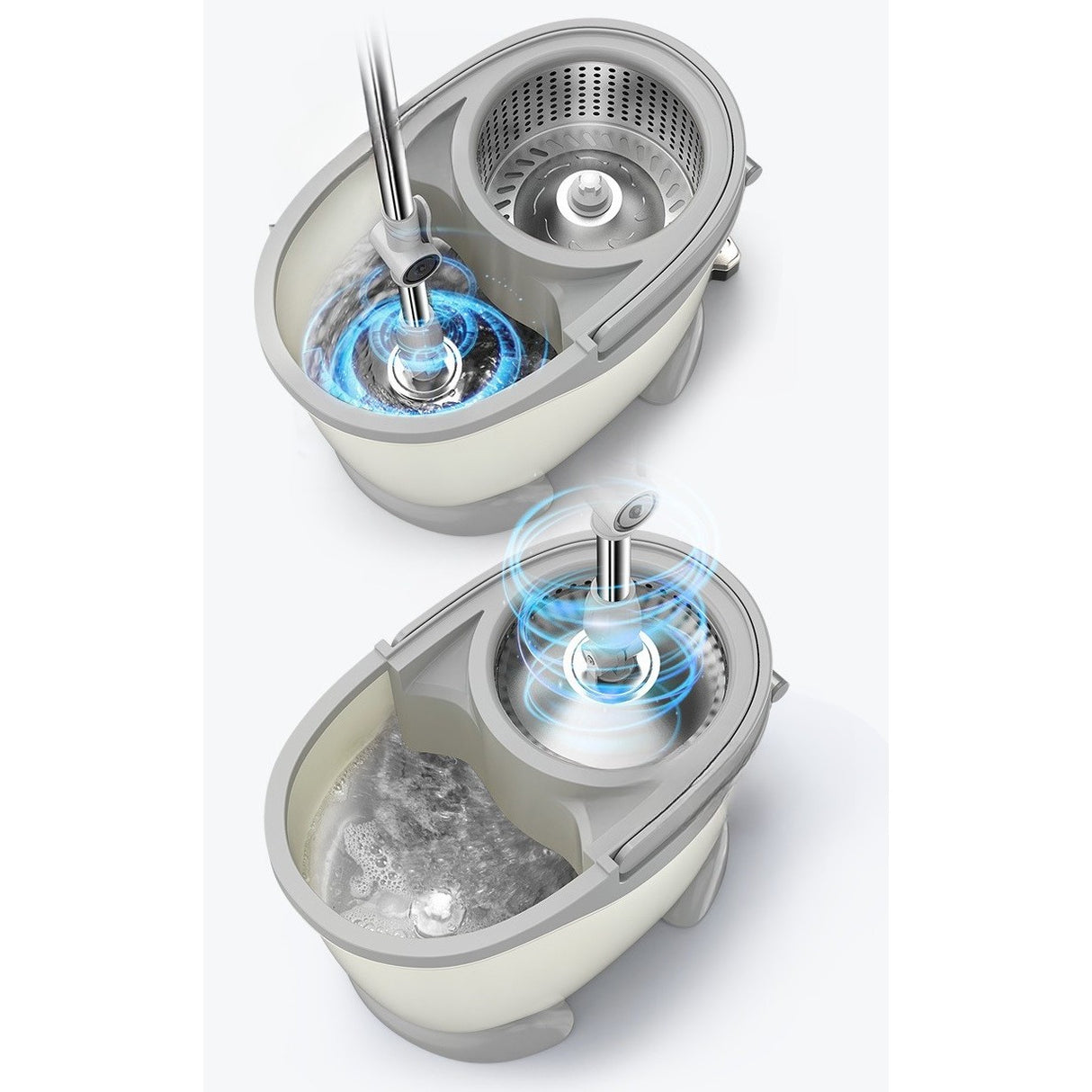 Set Galeata cu Pedala si Mop Rotativ 360°, Vivimall, Cu Actiune Centrifuga x4, Pentru Uz Casnic, Maner din Otel Inoxidabil Telescopic, 2 Capte din Bumbac, 46x30x28 cm, Alb Ivoir - vivimall.ro