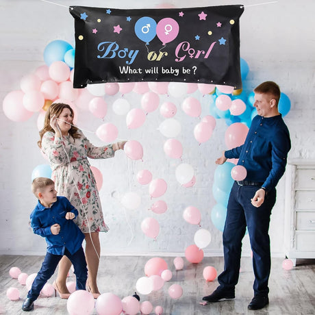Set Gender Reveal, Vivimall, Balloon Drop Bag, din Plastic si Latex, 24 Baloane Roz si Albastru 13 cm, Sac pentru Baloane 60 x 120 cm, Multicolor - vivimall.ro