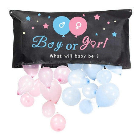 Set Gender Reveal, Vivimall, Balloon Drop Bag, din Plastic si Latex, 24 Baloane Roz si Albastru 13 cm, Sac pentru Baloane 60 x 120 cm, Multicolor - vivimall.ro
