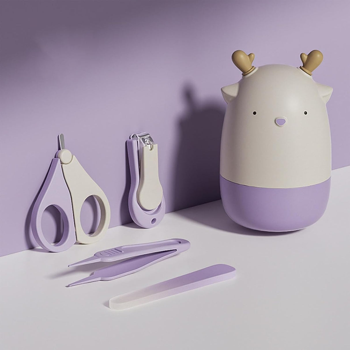 Set 4in1 de Ingrijire Unghii pentru Bebelusi, Vivimall, Cutie de Depozitare Tip Cerb, 0-6 Ani, 11 x 6 x 11 cm, Mov - vivimall.ro