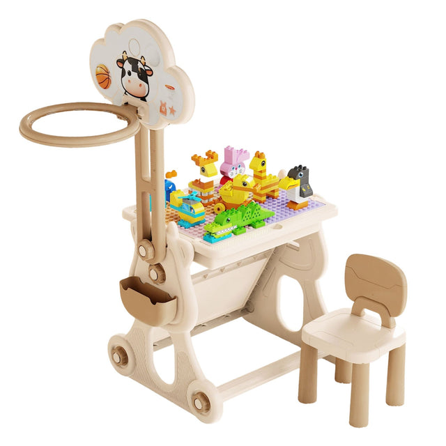 Masa Educativa pentru Copii, Flippy, Multifunctionala, Cos de Baschet, cu Scaun, Compatibila cu Piese tip LEGO Duplo, 178 piese, Spatiu Depozitare, 3 + ani, Bej - vivimall.ro