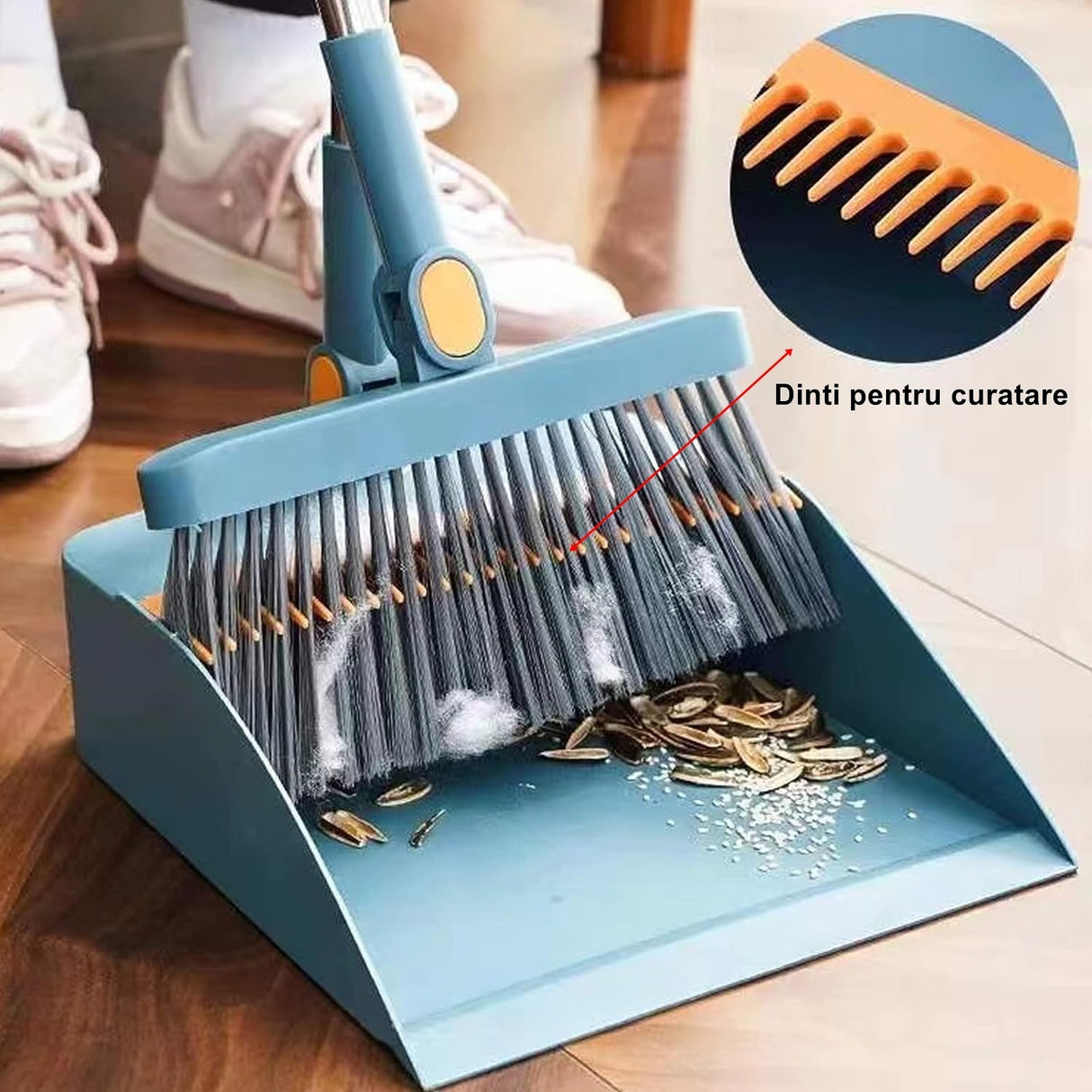 Set Matura Si Faras Cu Coada Cu Dinti De Pieptene Pentru Curatare Matura, Rotativ, Pliabil, Detasabil, Otel Inoxidabil Si Polipropilena, Resigilat - vivimall.ro