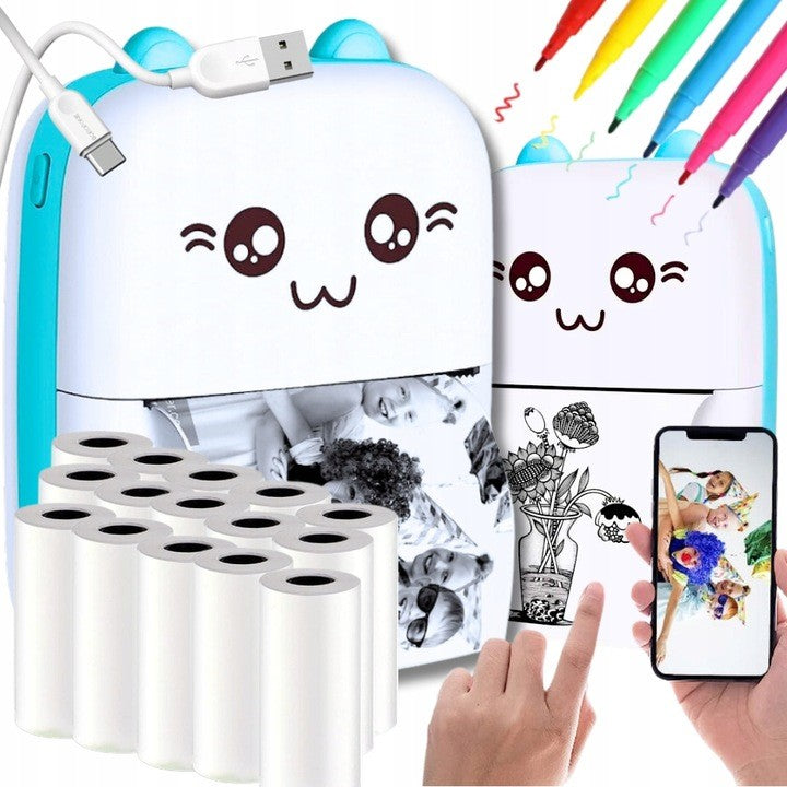 Set Mini Imprimanta Foto Portabila, Vivimall, Include: 1x Set de Markere, 5x Role de Hartie Termica, 5x Role Hartie Adeziva, Incarcare USB, Bluetooth, Print Alb-Negru, Model Ursulet, Alb/Albastru - vivimall.ro