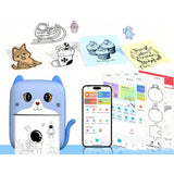 Set Mini Imprimanta Foto Portabila, Vivimall, Include: 1x Set de Markere, 5x Role de Hartie Termica, 5x Role Hartie Adeziva, Incarcare USB, Bluetooth, Print Alb-Negru, Model Pisicuta, Albastru - vivimall.ro