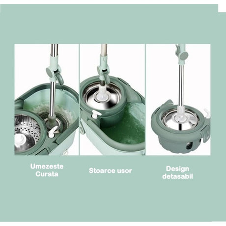Set mop rotativ cu galeata Flippy, material plastic si microfibra, o rezerva inclusa, rezistent, cu dop scurgere, vas detasabil, orificiu pentru solutie, pentru interior, capacitate 8 l, verde