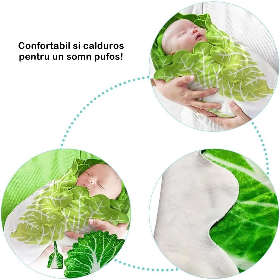 Set Patura Flanel Si Caciula Forma Frunza De Salata, Pentru Nou-Nascuti, Material Poliester, 85 Cm - vivimall.ro