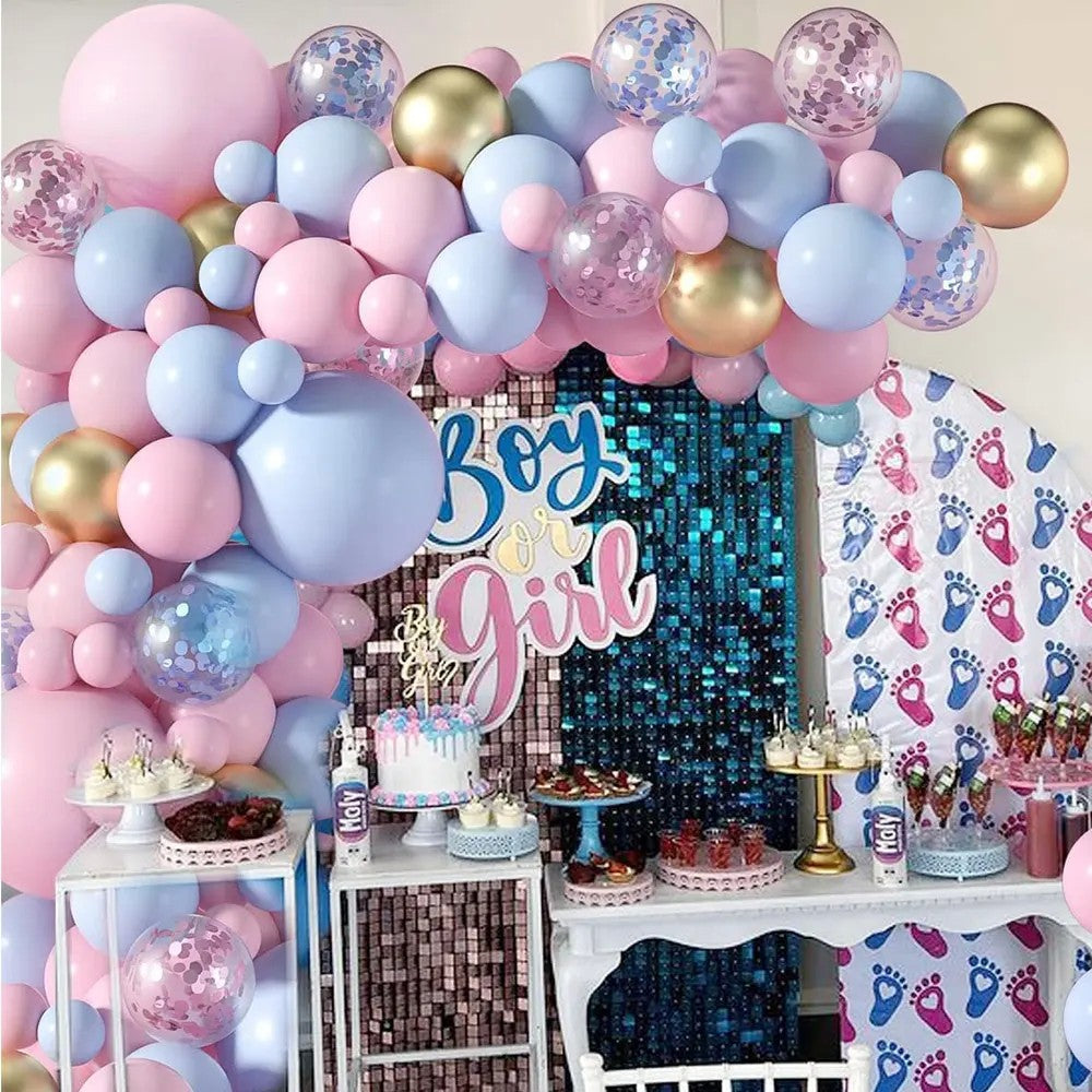 Baloane decorative pentru GENDER PARTY, Vivimall, Arcada Set 130  baloane, Arcul de Baloane Roz si Albastru, Baloane Confetti Aurii, Multicolor - vivimall.ro